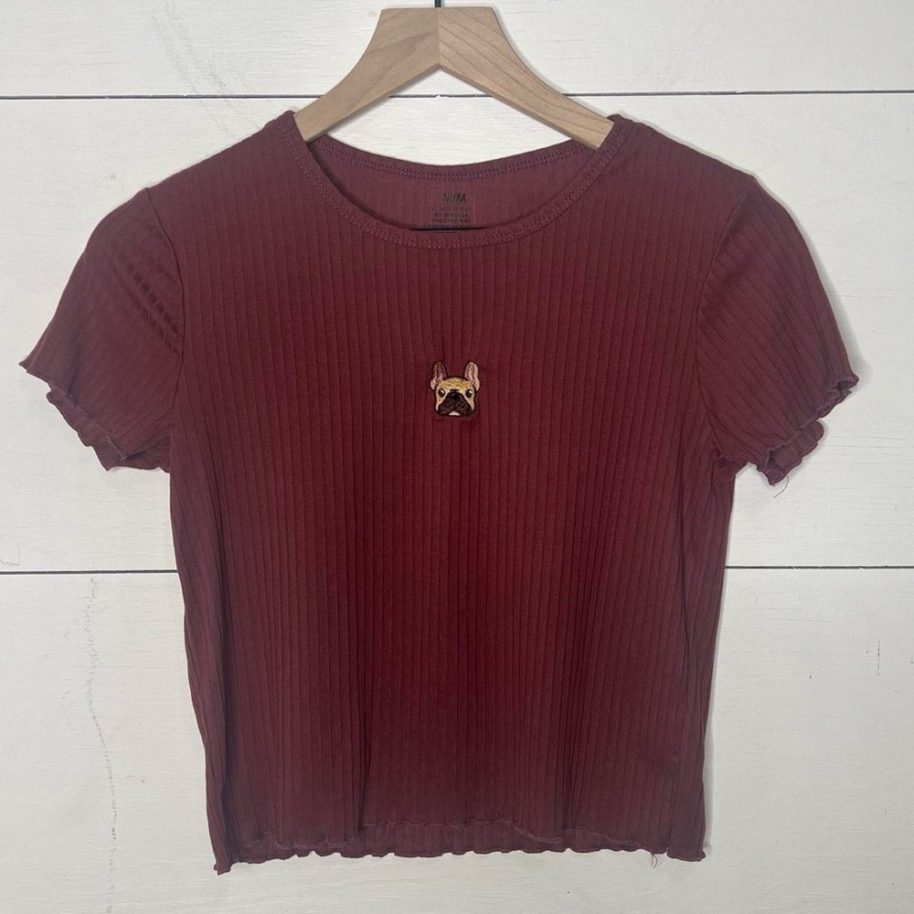 Embroidered Frenchie Bull Dog Ribbed Cropped Short Sleeve Tee Size Medium